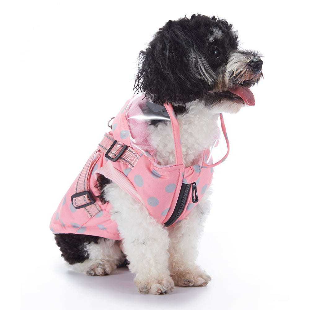 Polka Dot Hooded Dog Raincoat with Built‑in Harness
