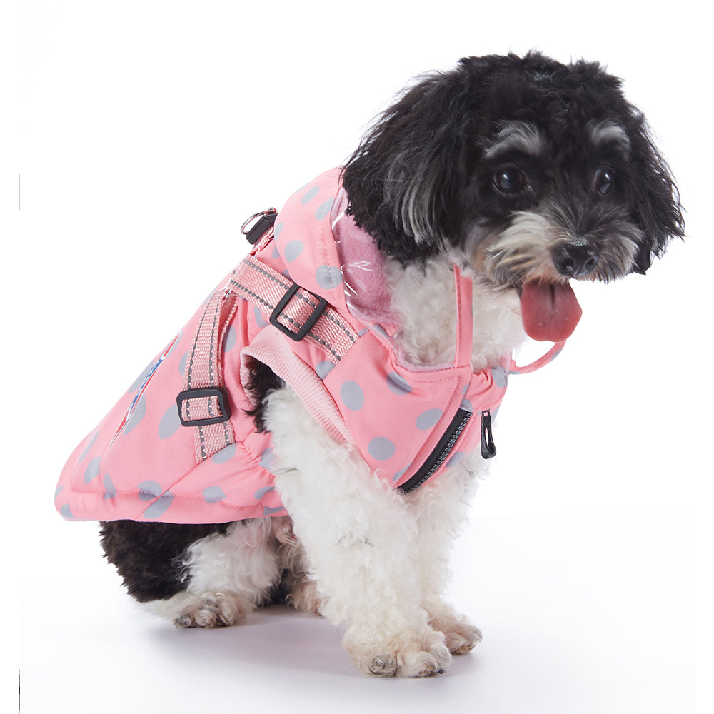 Polka Dot Hooded Dog Raincoat with Built‑in Harness