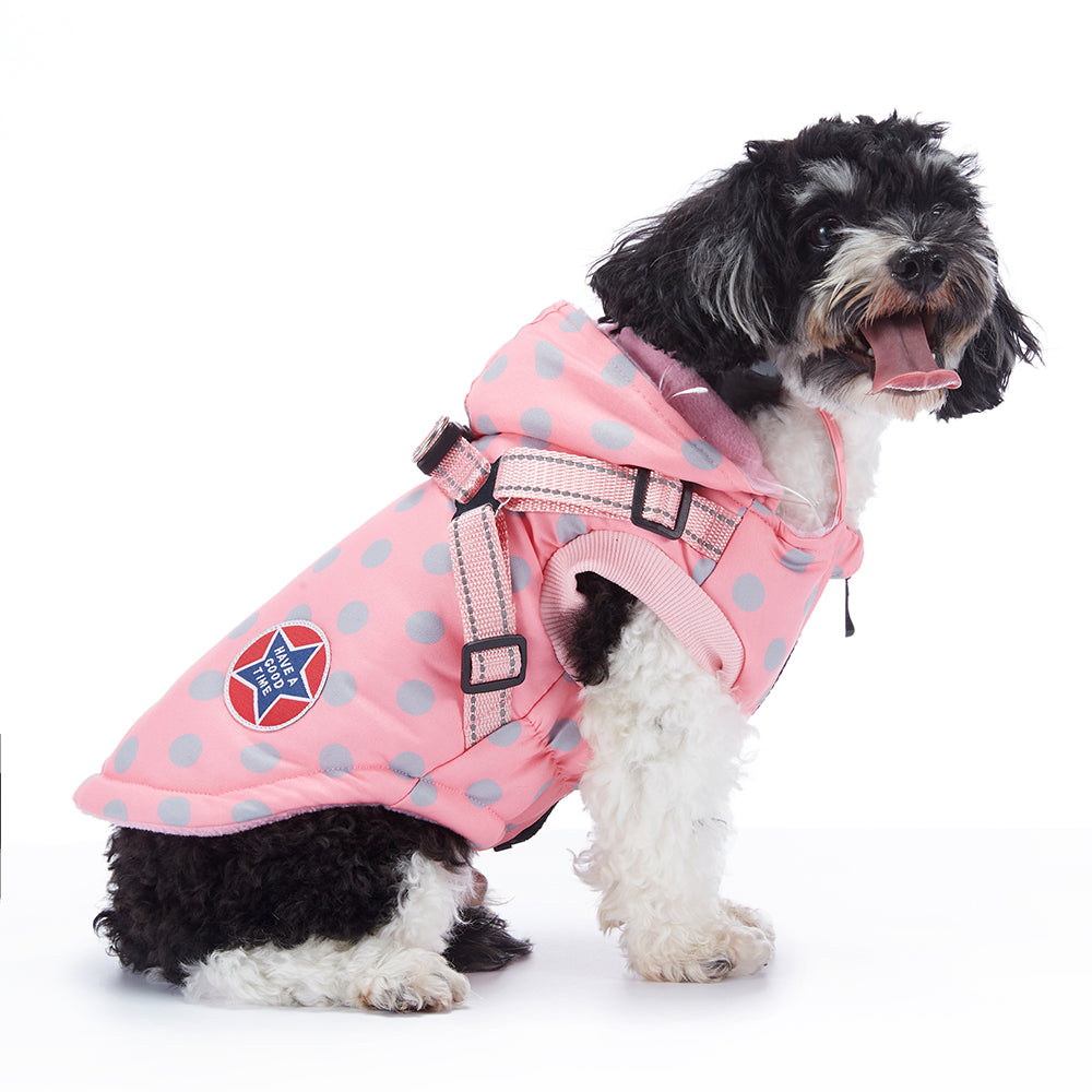 Polka Dot Hooded Dog Raincoat with Built‑in Harness