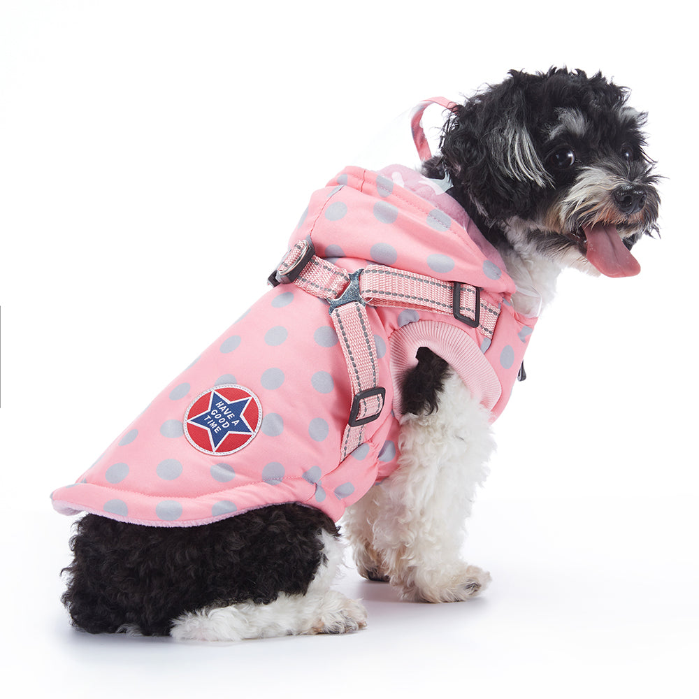 Polka Dot Hooded Dog Raincoat with Built‑in Harness