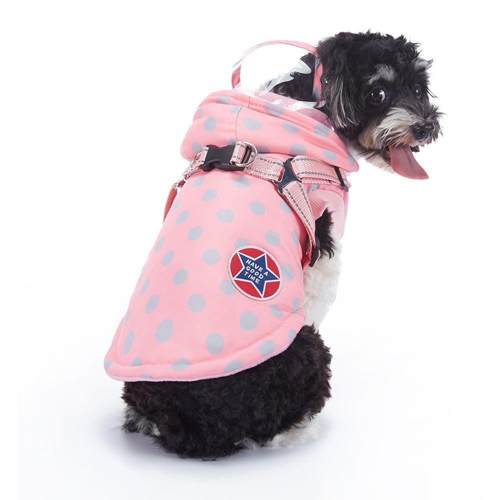 Polka Dot Hooded Dog Raincoat with Built‑in Harness