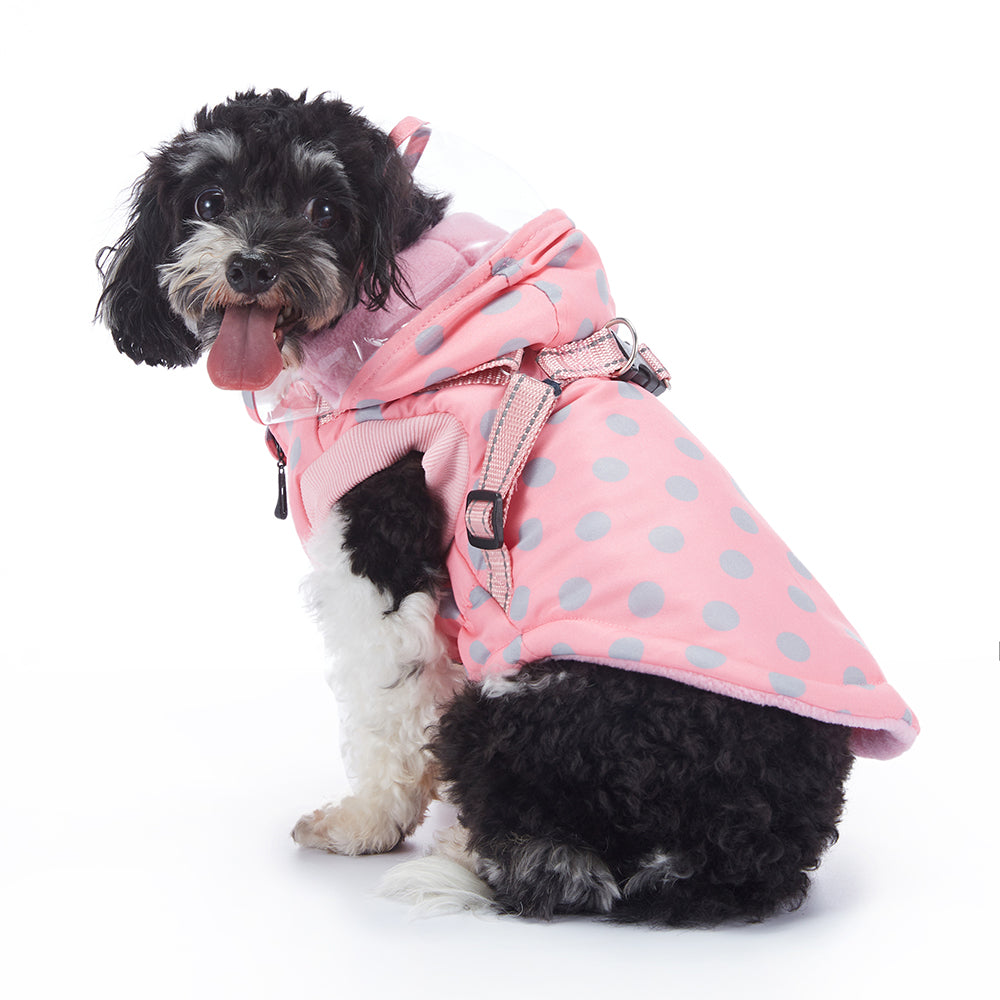 Polka Dot Hooded Dog Raincoat with Built‑in Harness