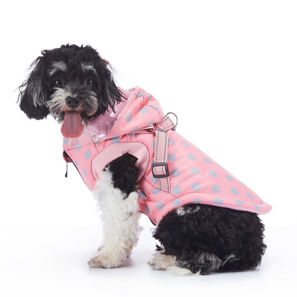 Polka Dot Hooded Dog Raincoat with Built‑in Harness