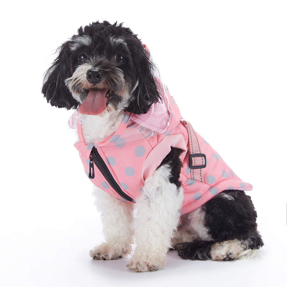 Polka Dot Hooded Dog Raincoat with Built‑in Harness