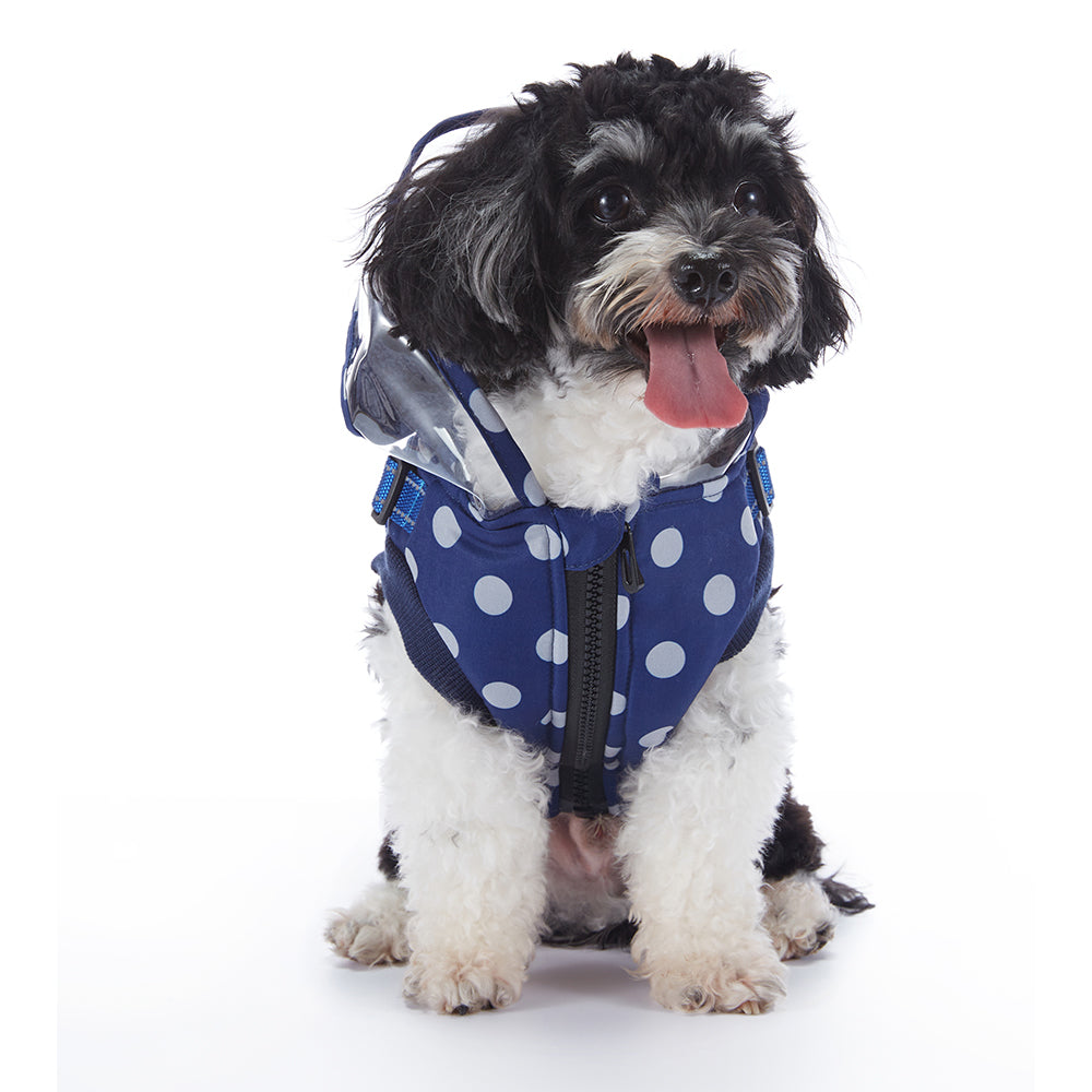 Polka Dot Hooded Dog Raincoat with Built‑in Harness