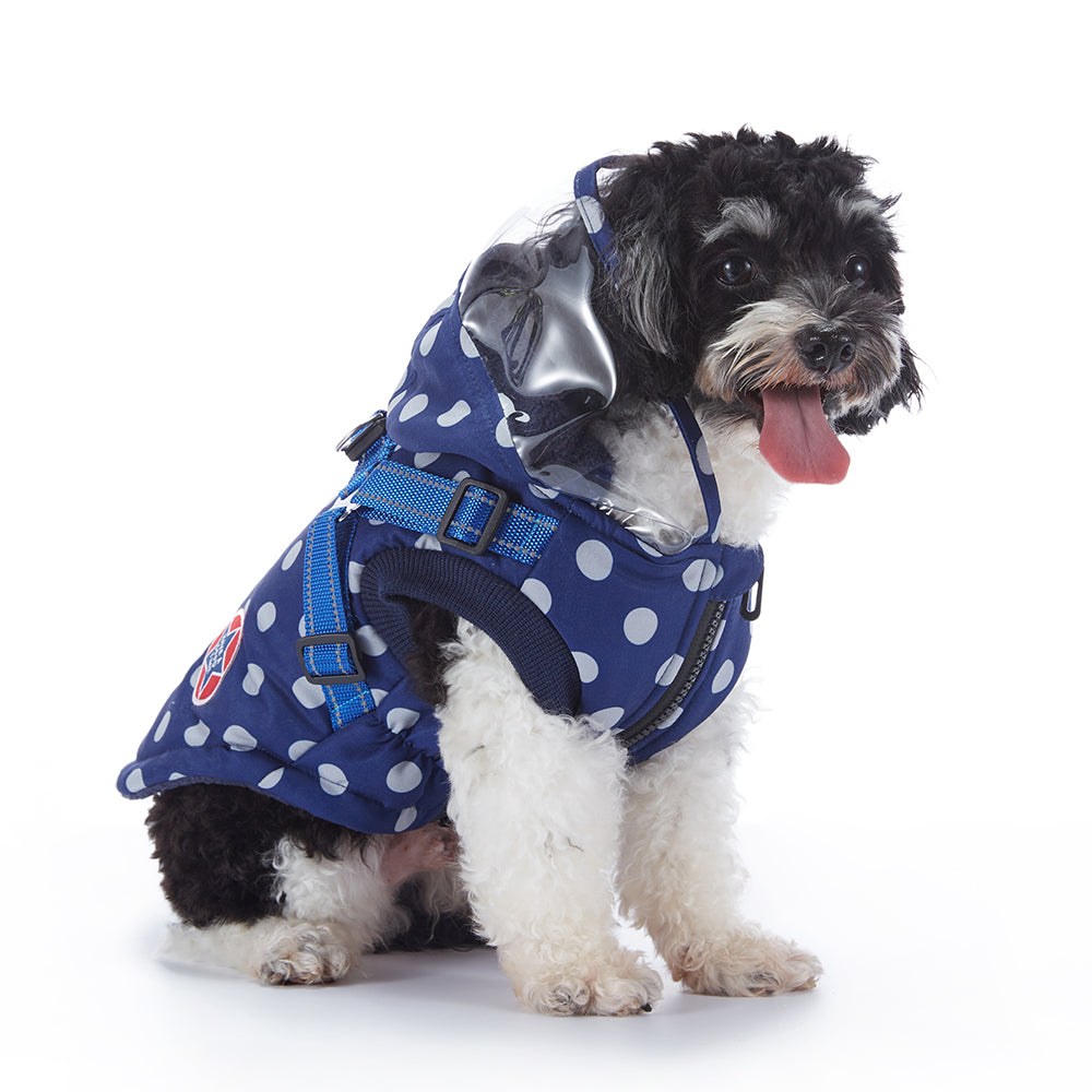 Polka Dot Hooded Dog Raincoat with Built‑in Harness