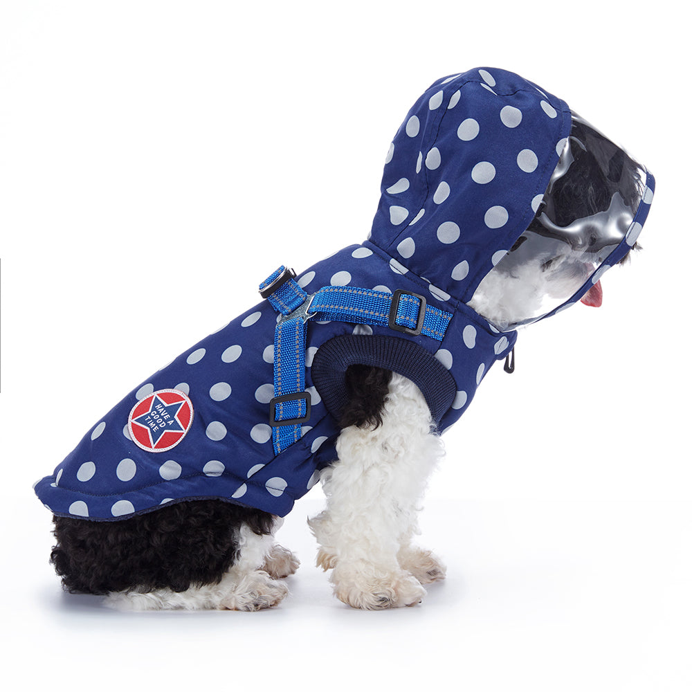 Polka Dot Hooded Dog Raincoat with Built‑in Harness