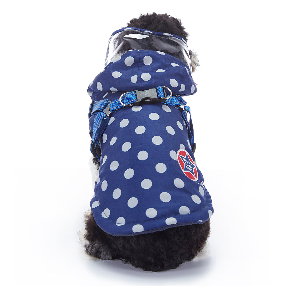 Polka Dot Hooded Dog Raincoat with Built‑in Harness