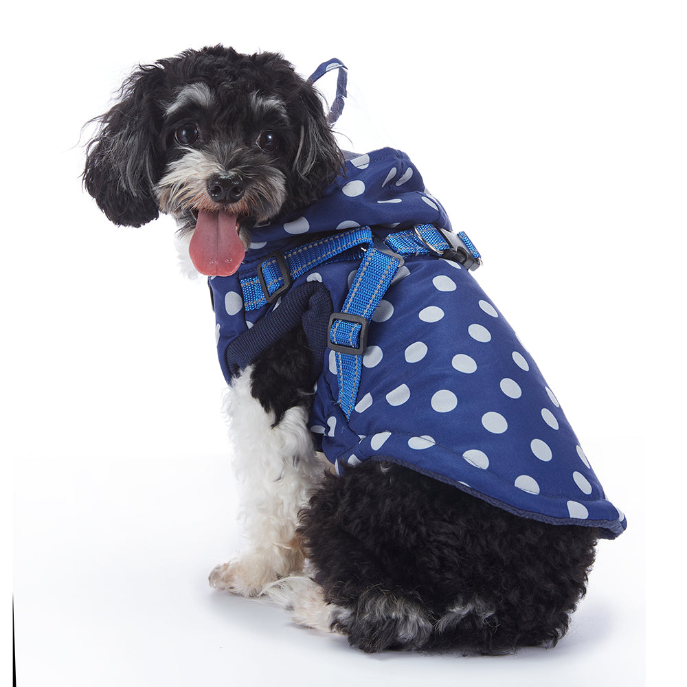 Polka Dot Hooded Dog Raincoat with Built‑in Harness
