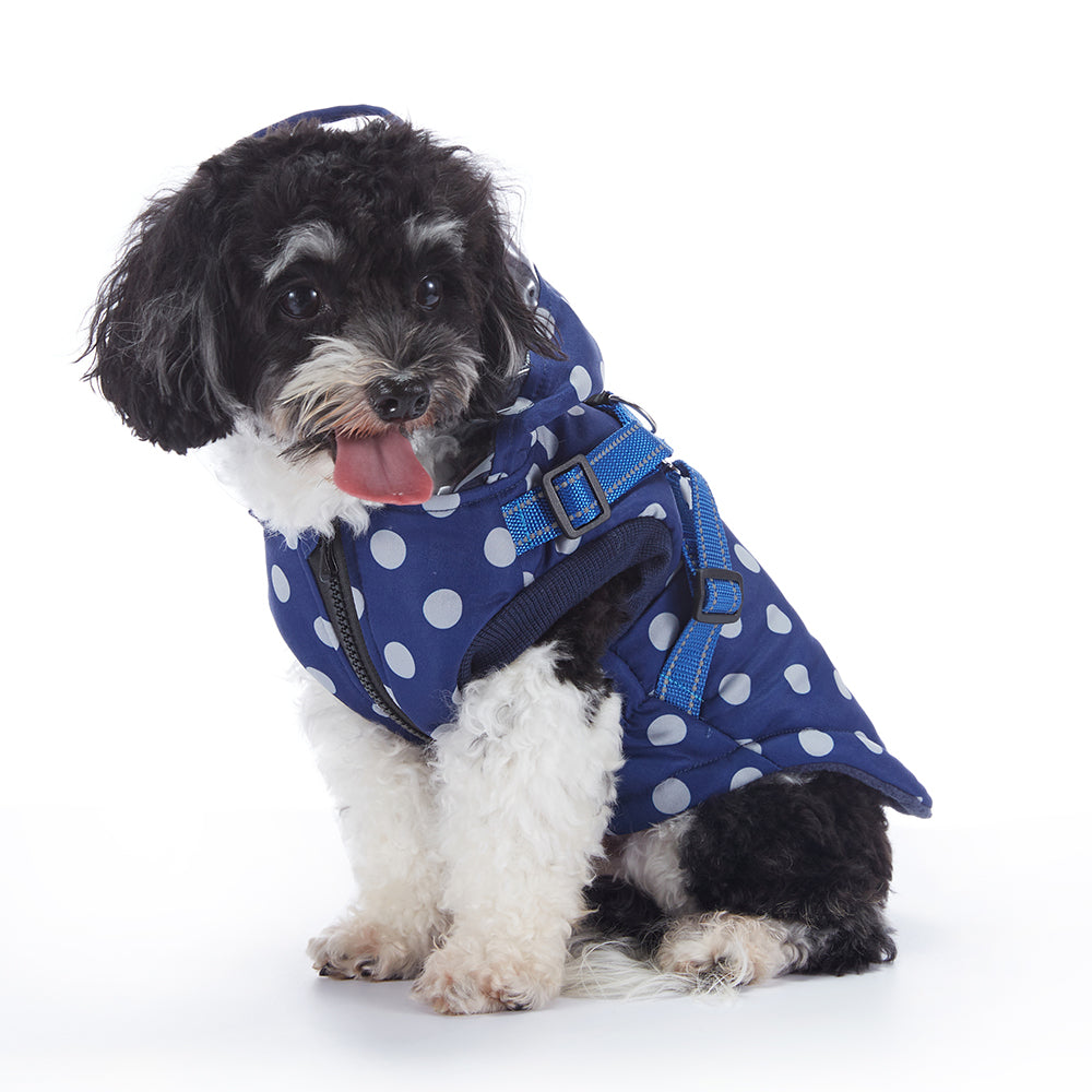 Polka Dot Hooded Dog Raincoat with Built‑in Harness