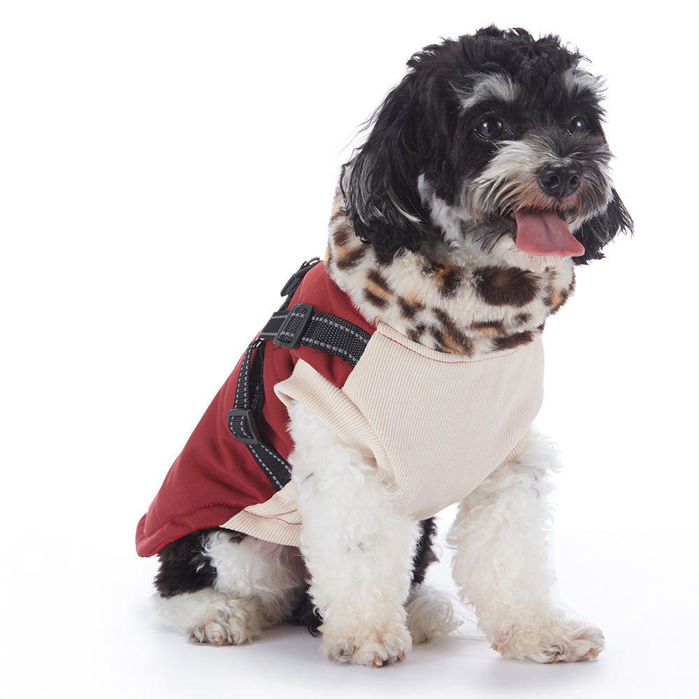 Leopard Faux‑Fur Collar Harness Dog Vest