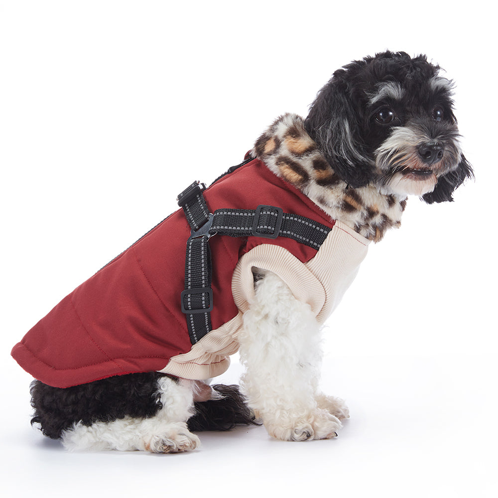 Leopard Faux‑Fur Collar Harness Dog Vest