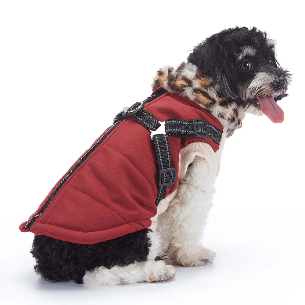 Leopard Faux‑Fur Collar Harness Dog Vest