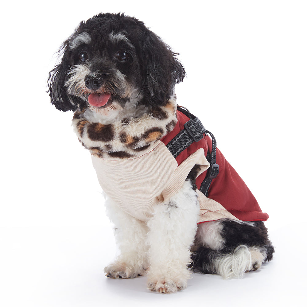 Leopard Faux‑Fur Collar Harness Dog Vest