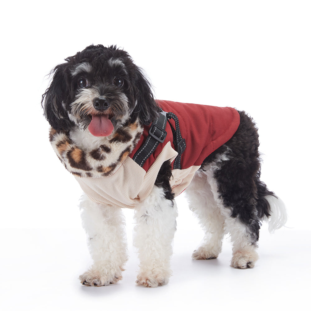 Leopard Faux‑Fur Collar Harness Dog Vest