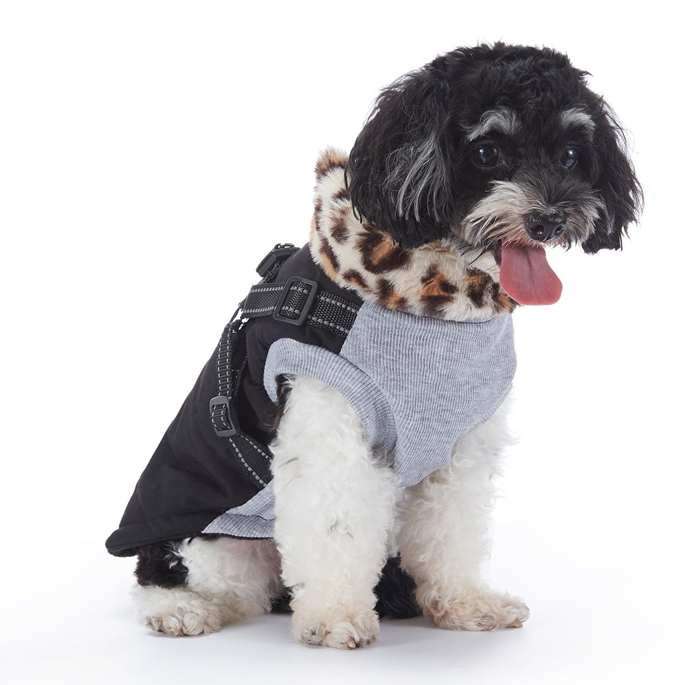Leopard Faux‑Fur Collar Harness Dog Vest