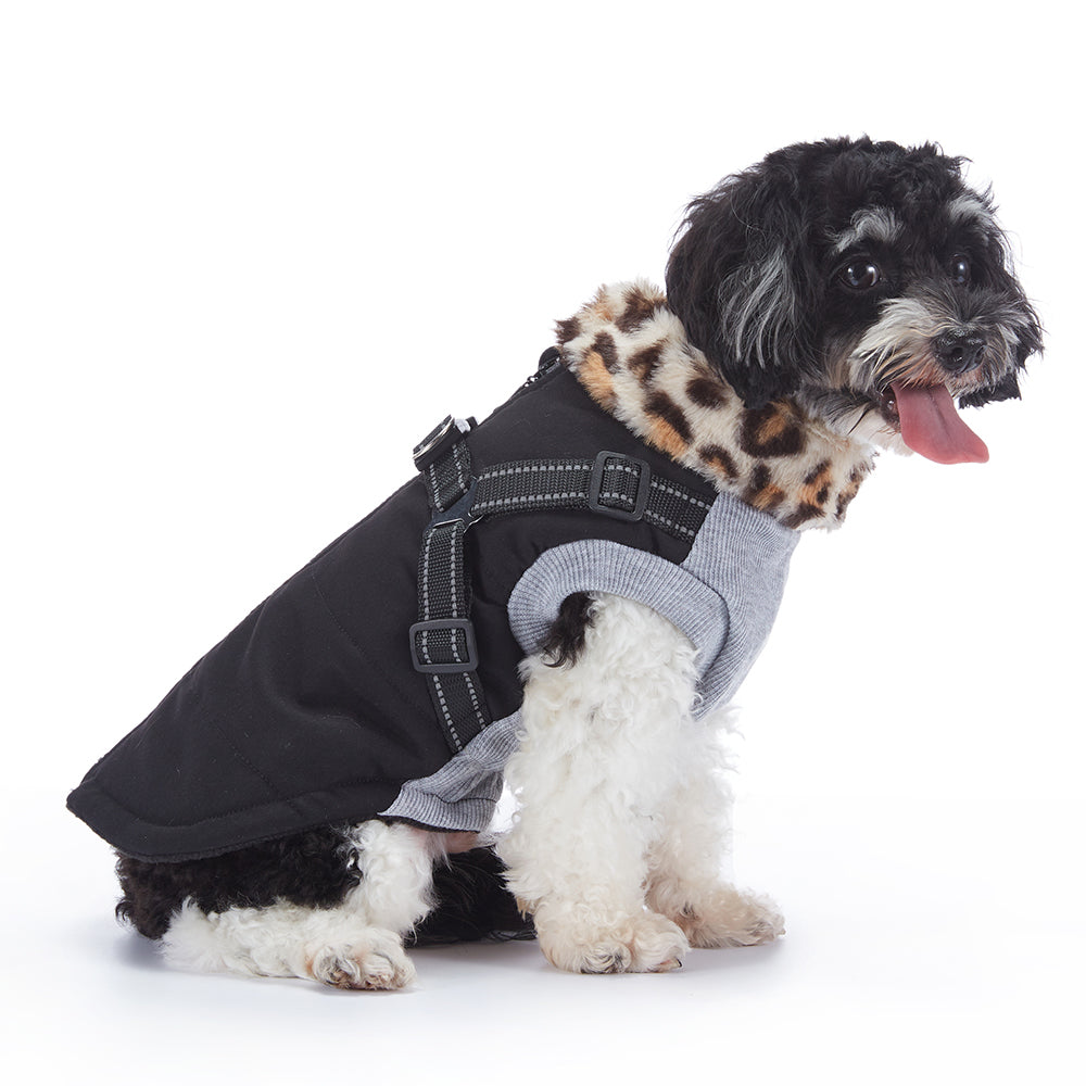 Leopard Faux‑Fur Collar Harness Dog Vest