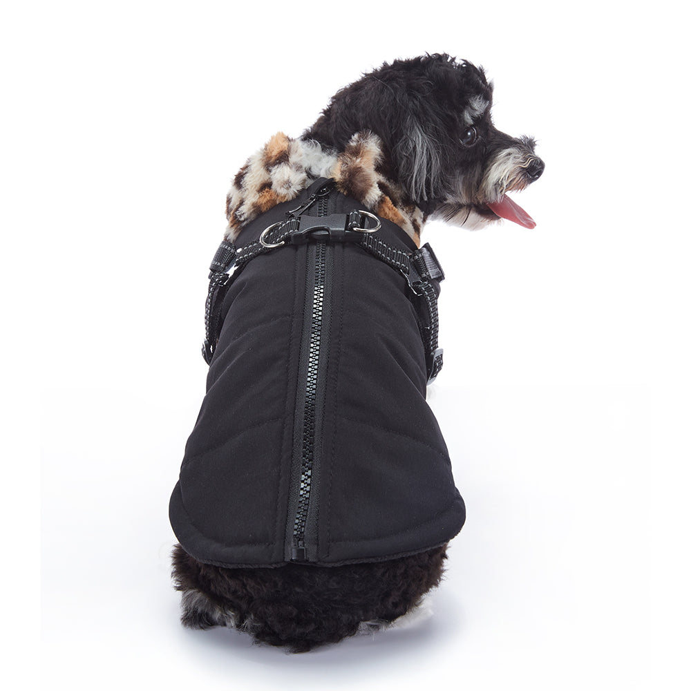 Leopard Faux‑Fur Collar Harness Dog Vest
