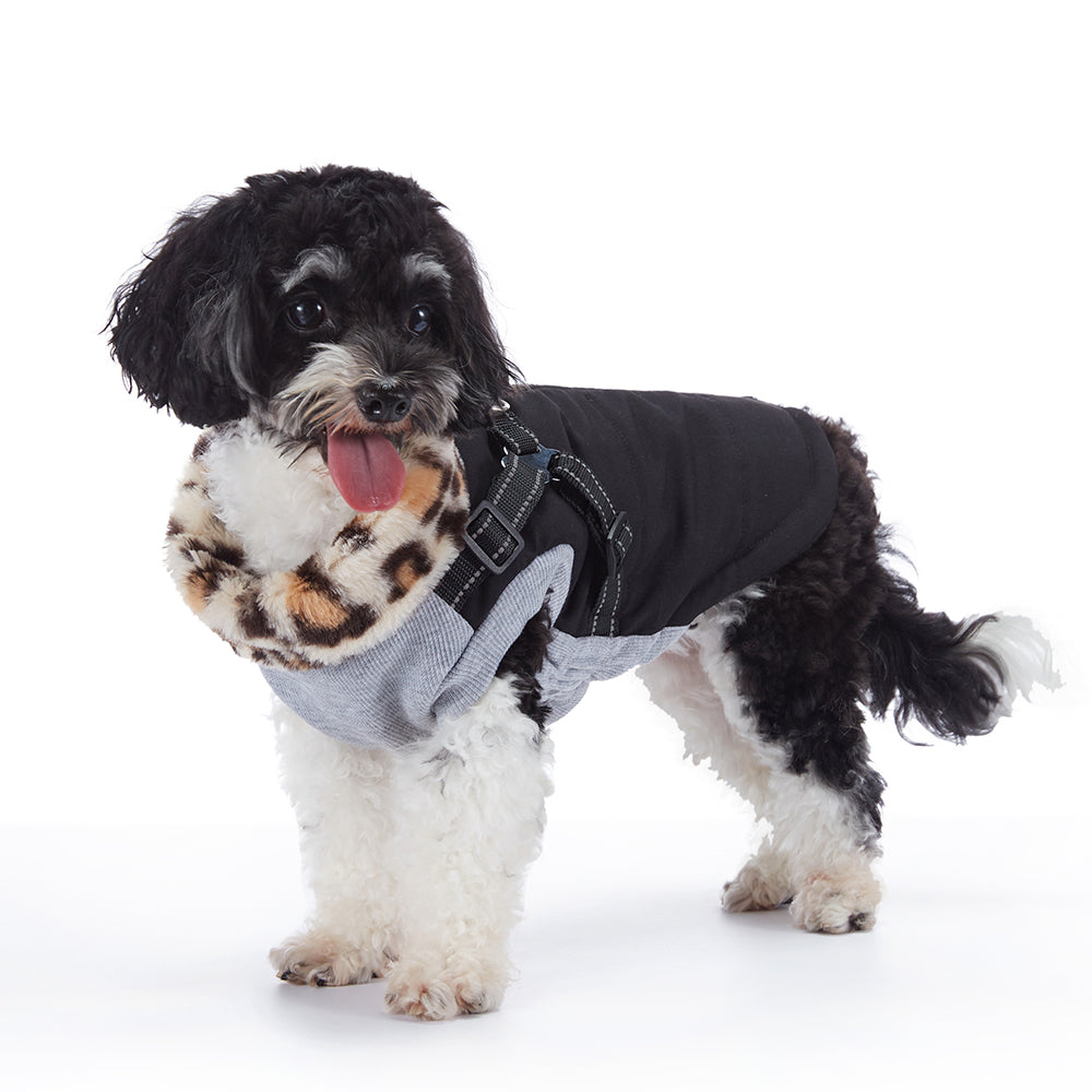 Leopard Faux‑Fur Collar Harness Dog Vest