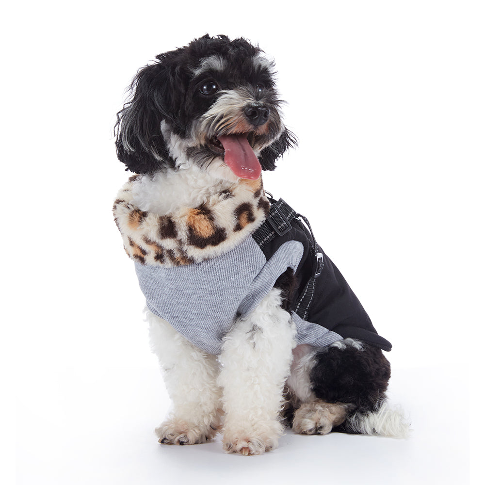 Leopard Faux‑Fur Collar Harness Dog Vest