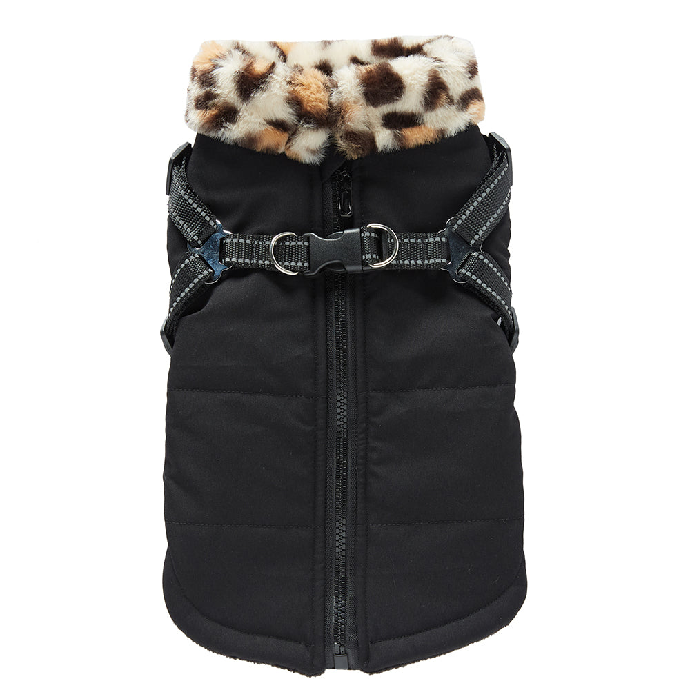 Leopard Faux‑Fur Collar Harness Dog Vest