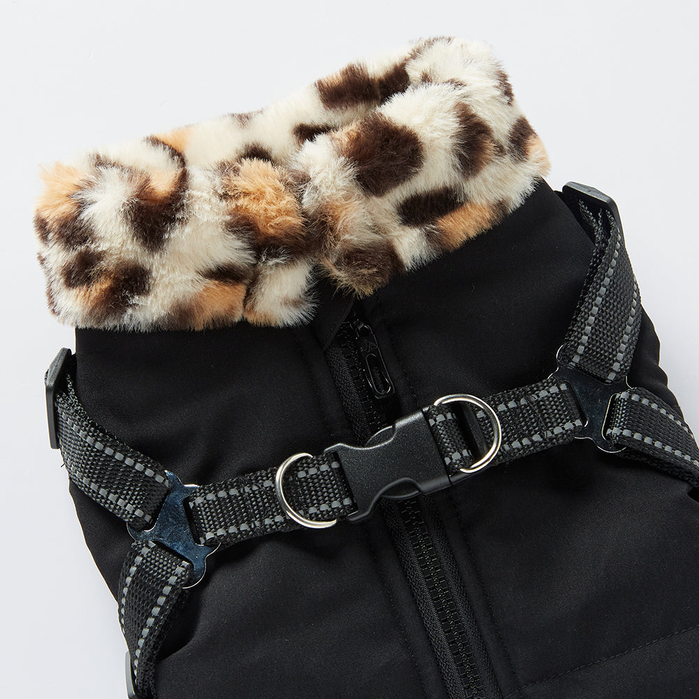 Leopard Faux‑Fur Collar Harness Dog Vest
