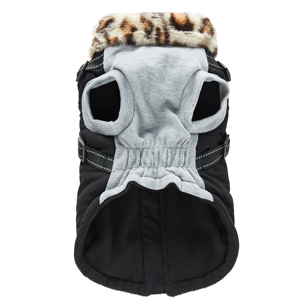 Leopard Faux‑Fur Collar Harness Dog Vest