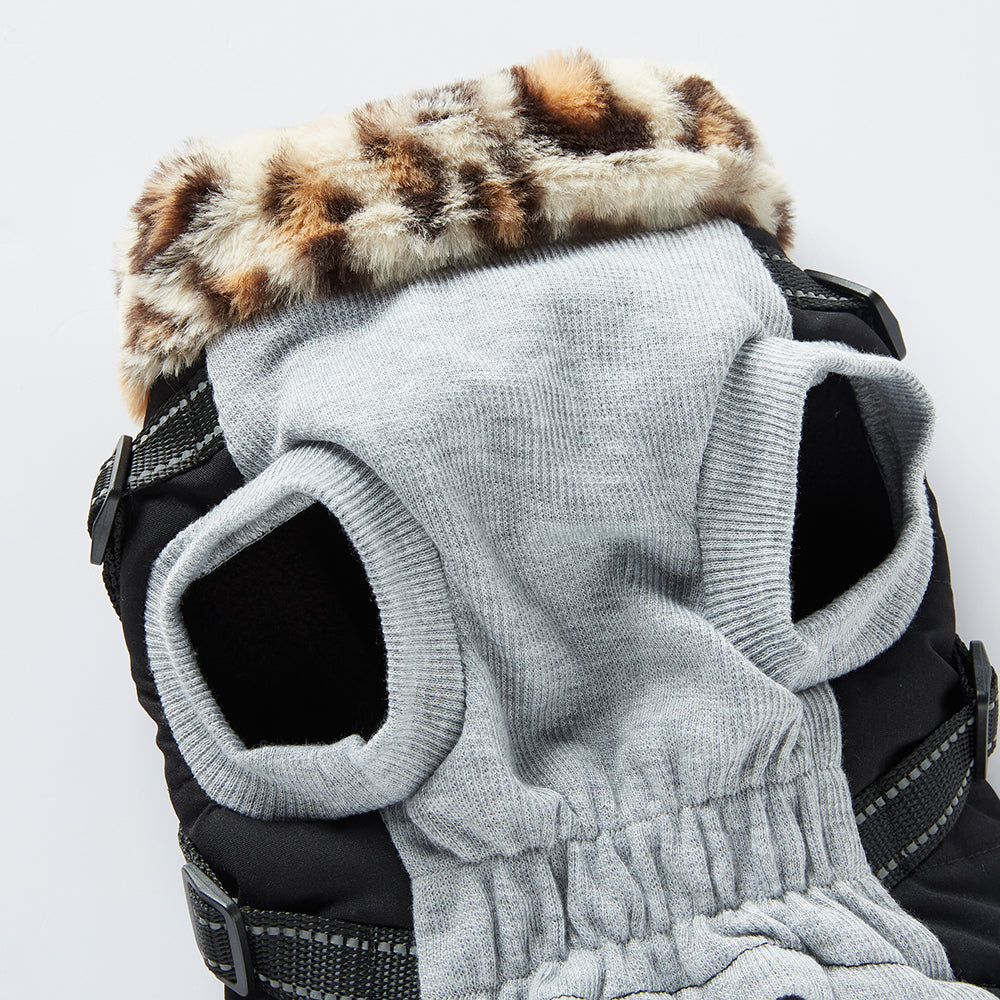 Leopard Faux‑Fur Collar Harness Dog Vest