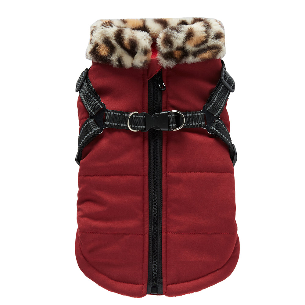Leopard Faux‑Fur Collar Harness Dog Vest