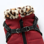 Leopard Faux‑Fur Collar Harness Dog Vest