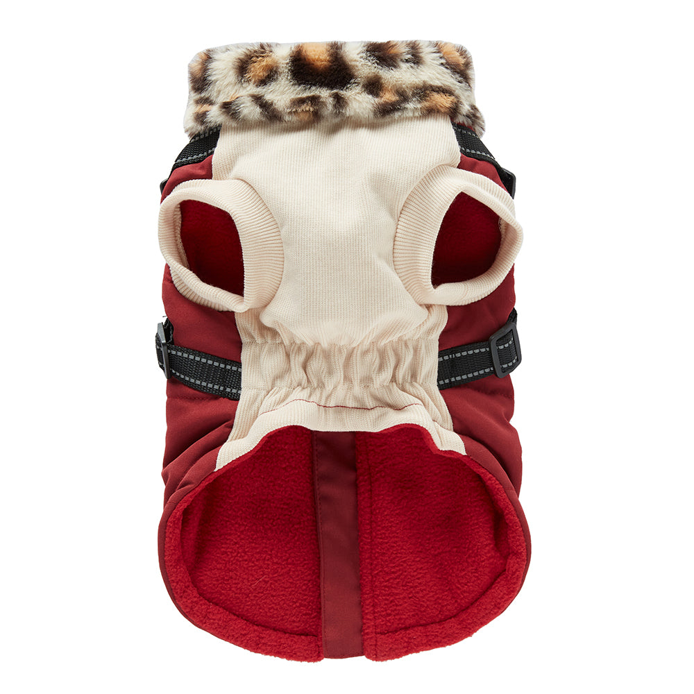 Leopard Faux‑Fur Collar Harness Dog Vest