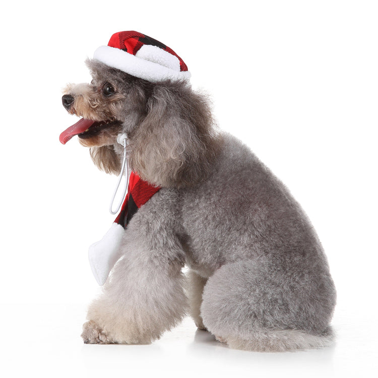 Christmas Dog Hat & Scarf Set – Cozy Red and Black Plaid with Festive Design