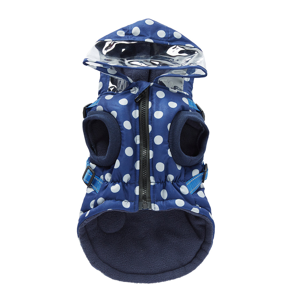 Polka Dot Hooded Dog Raincoat with Built‑in Harness