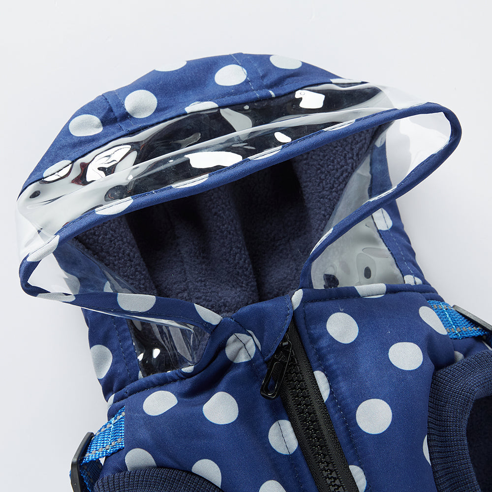 Polka Dot Hooded Dog Raincoat with Built‑in Harness