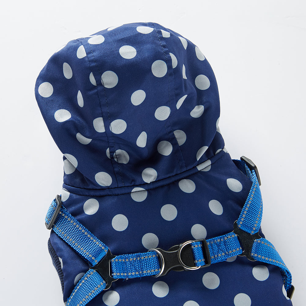 Polka Dot Hooded Dog Raincoat with Built‑in Harness