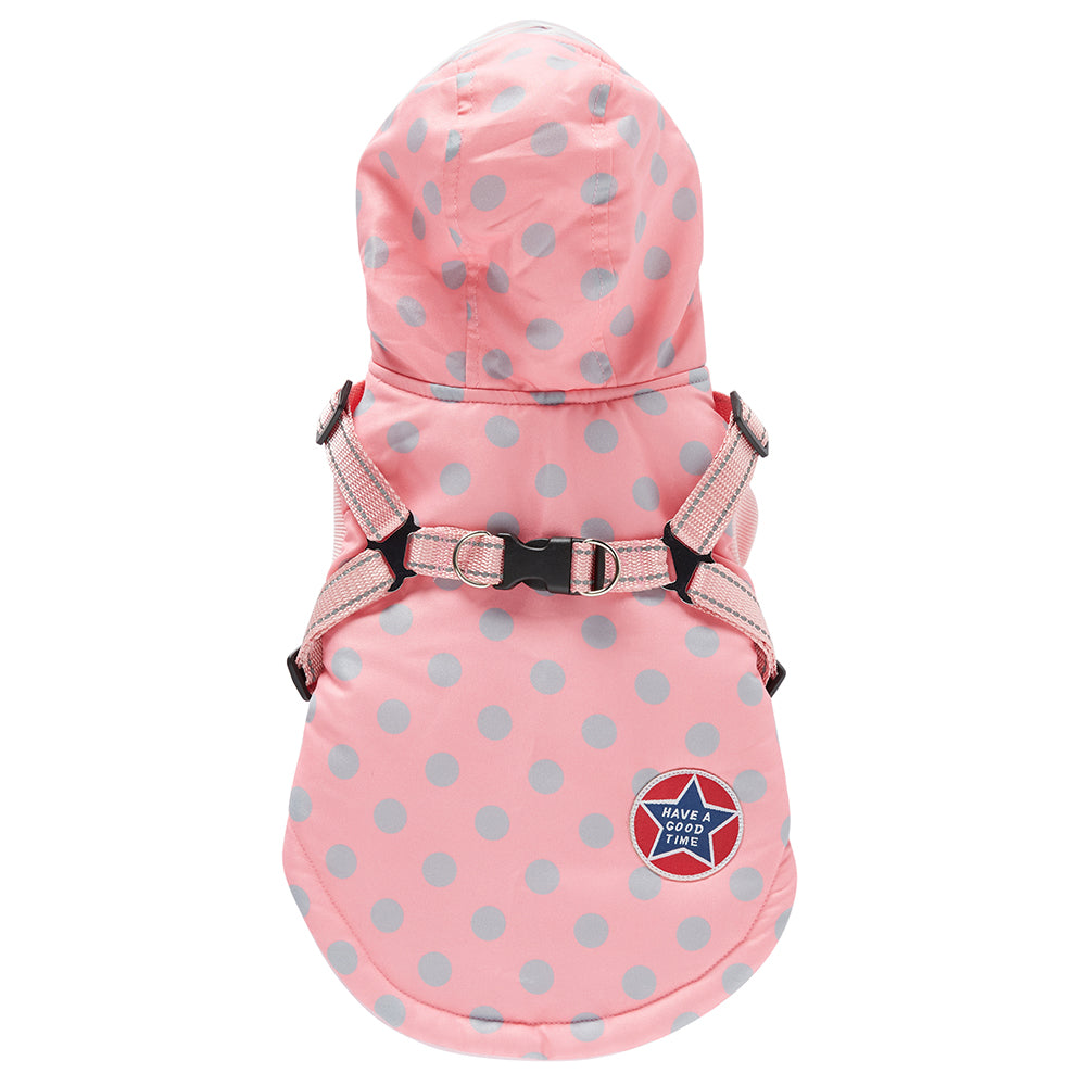 Polka Dot Hooded Dog Raincoat with Built‑in Harness