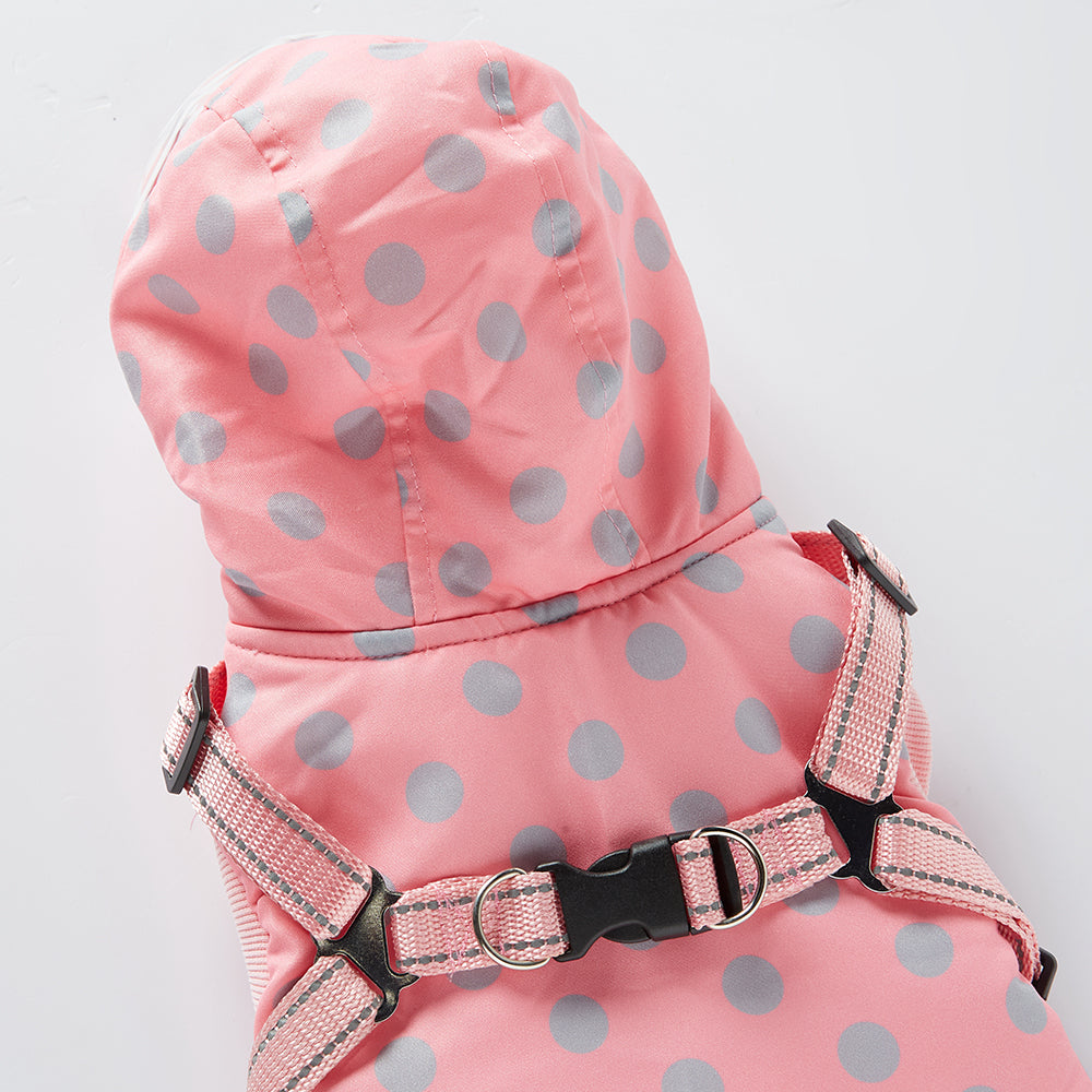 Polka Dot Hooded Dog Raincoat with Built‑in Harness