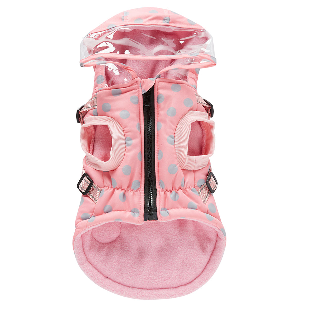Polka Dot Hooded Dog Raincoat with Built‑in Harness