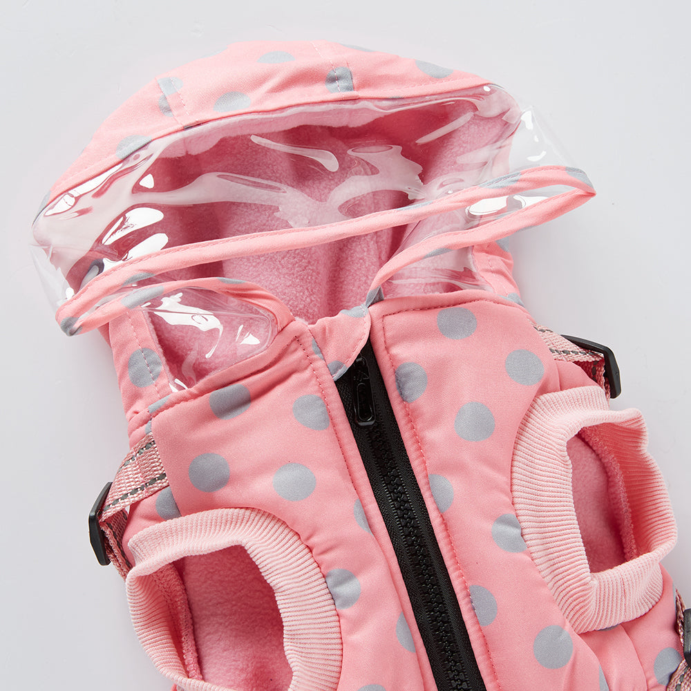 Polka Dot Hooded Dog Raincoat with Built‑in Harness