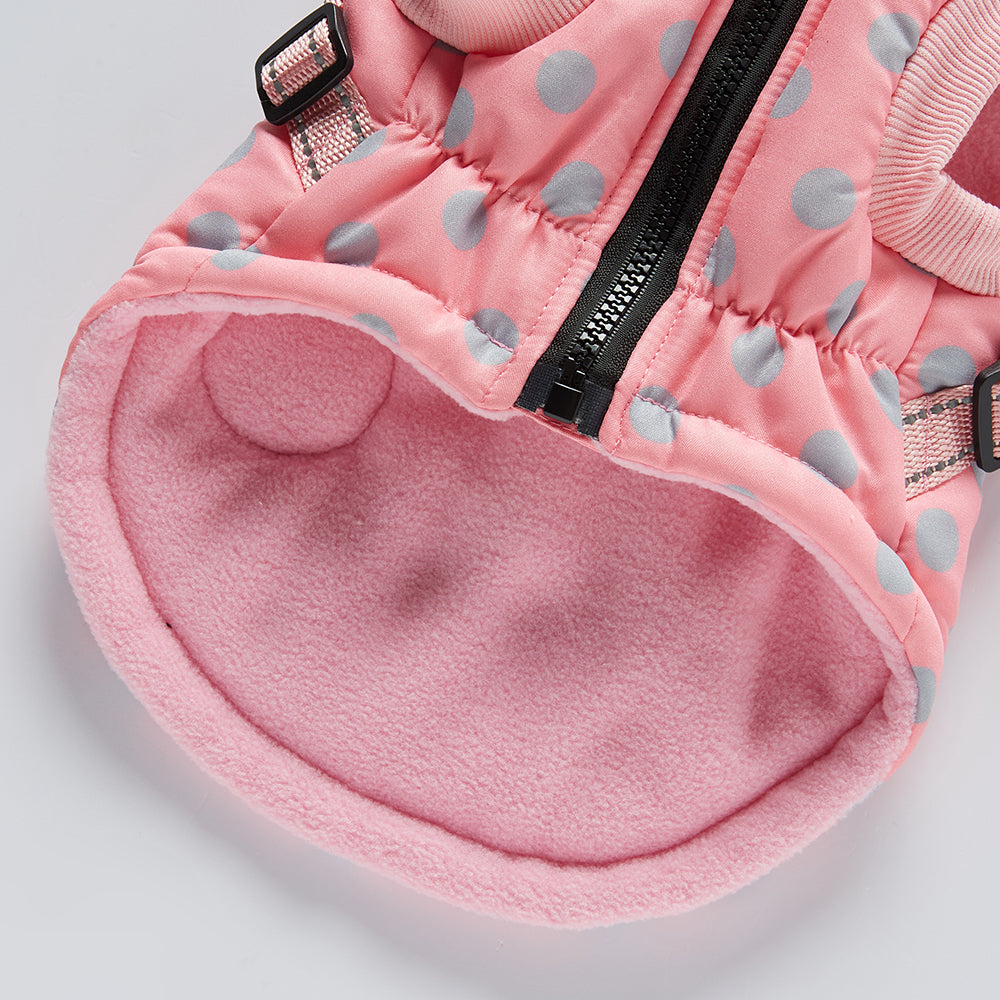 Polka Dot Hooded Dog Raincoat with Built‑in Harness