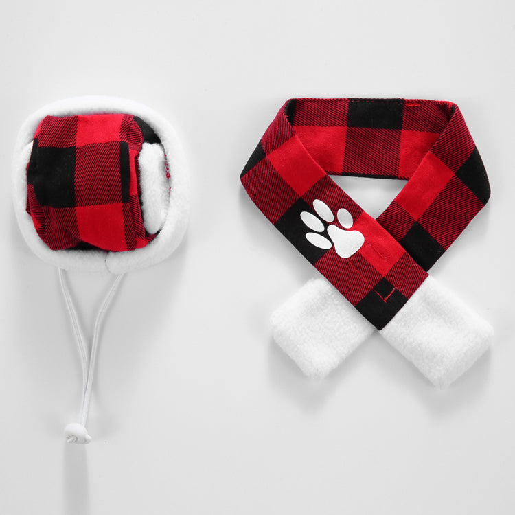 Christmas Dog Hat & Scarf Set – Cozy Red and Black Plaid with Festive Design
