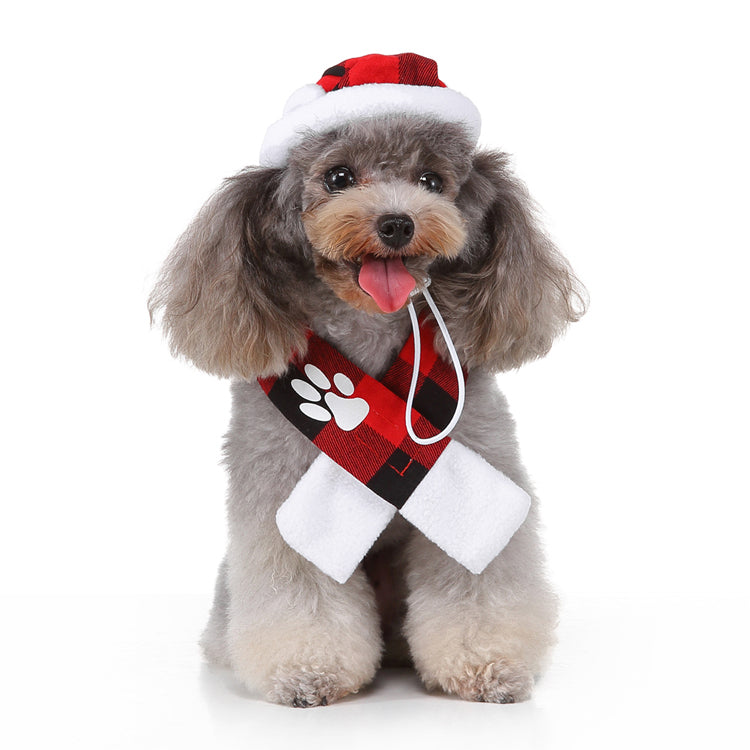 Christmas Dog Hat & Scarf Set – Cozy Red and Black Plaid with Festive Design