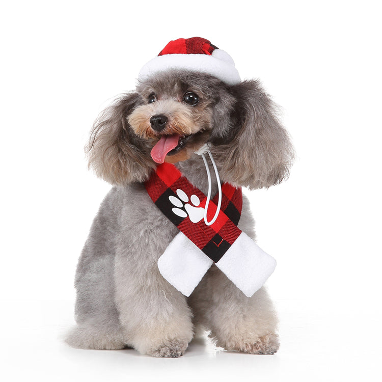 Christmas Dog Hat & Scarf Set – Cozy Red and Black Plaid with Festive Design