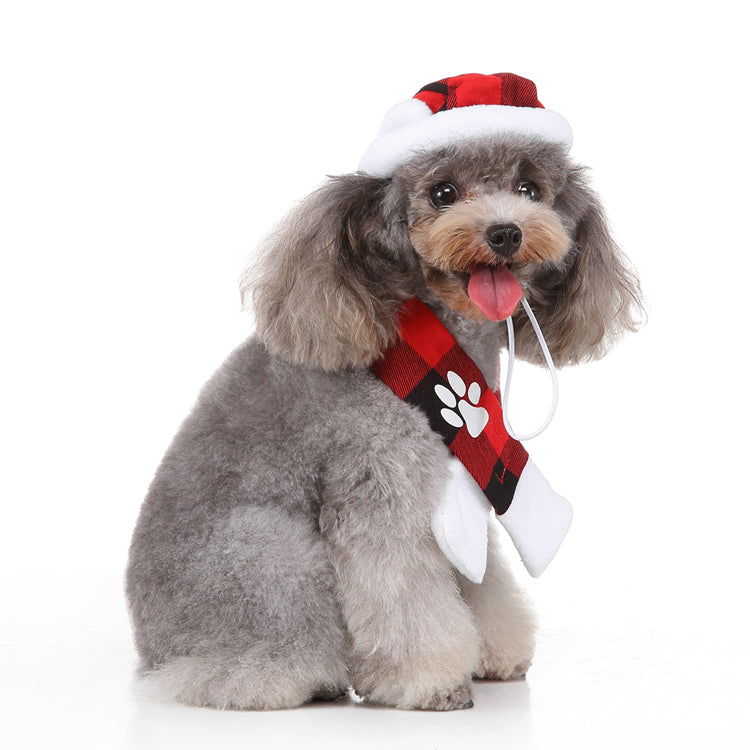 Christmas Dog Hat & Scarf Set – Cozy Red and Black Plaid with Festive Design