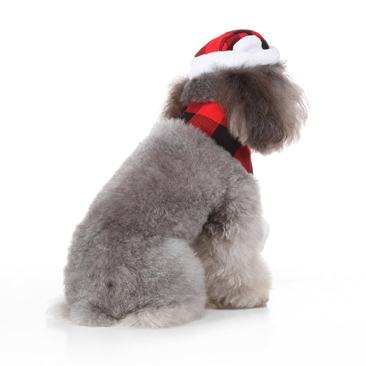 Christmas Dog Hat & Scarf Set – Cozy Red and Black Plaid with Festive Design