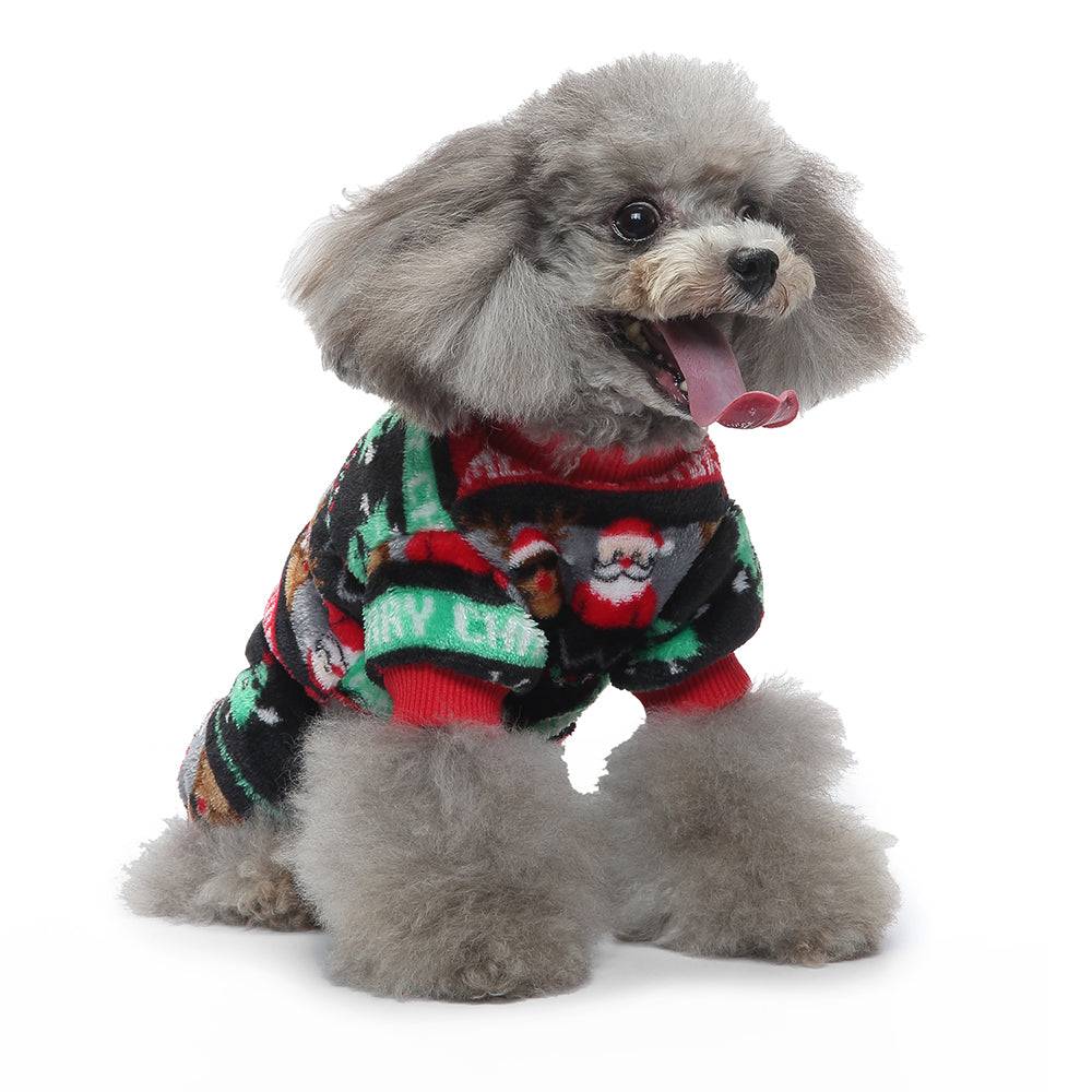 Festive Santa & Reindeer Print Fleece Dog Pajamas