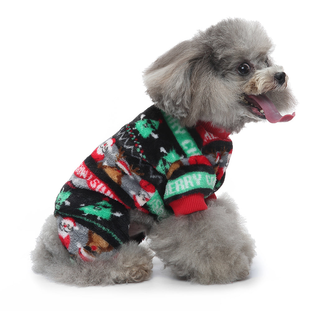 Festive Santa & Reindeer Print Fleece Dog Pajamas