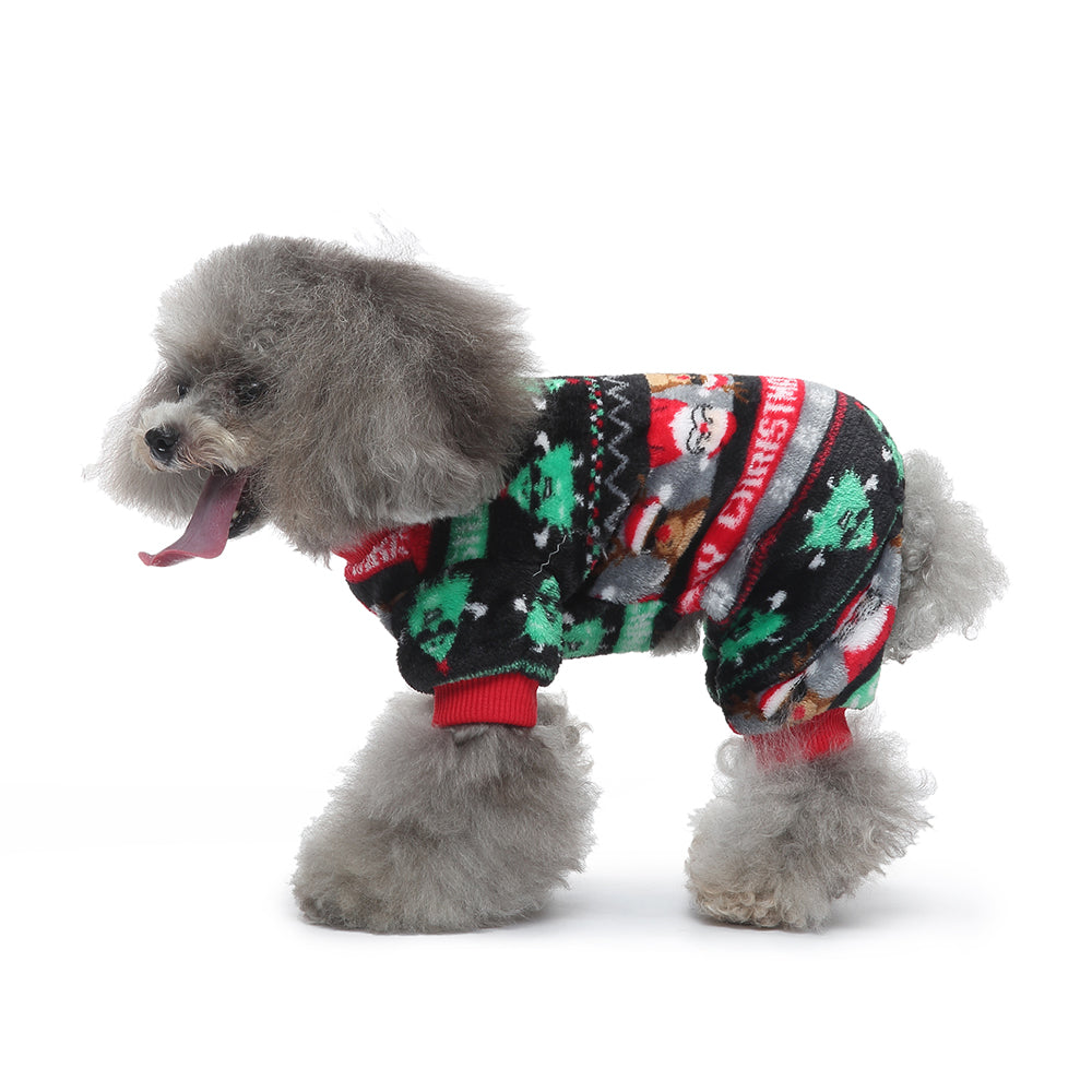 Festive Santa & Reindeer Print Fleece Dog Pajamas