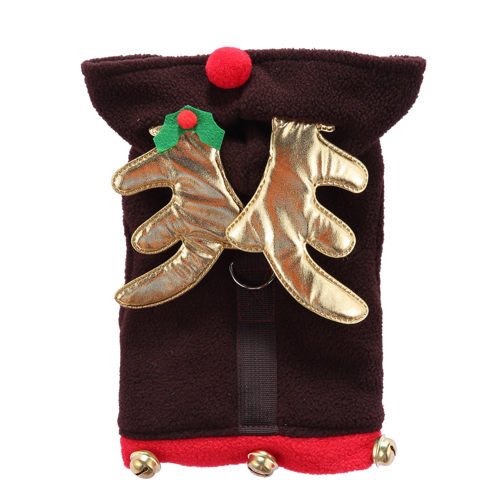 Reindeer Dog Costume – Festive Brown Outfit with Golden Antlers, Bells, and Pom-Pom Details