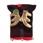 Reindeer Dog Costume – Festive Brown Outfit with Golden Antlers, Bells, and Pom-Pom Details